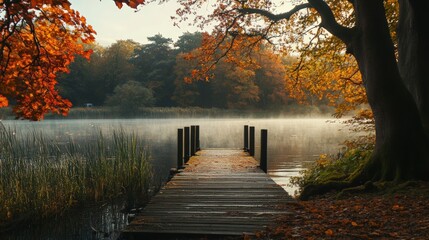 Serene autumn landscape with a wooden dock by a misty lake surrounded by colorful trees and calm waters.