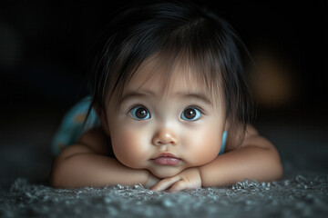 An Asian baby in soft neutral-colored clothing, lying on their back and gazing up with bright, curious eyes