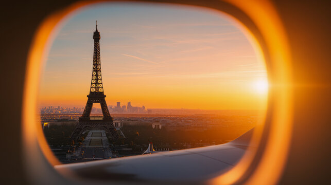 Eiffel tower sunset view through airplane window over paris skyline
