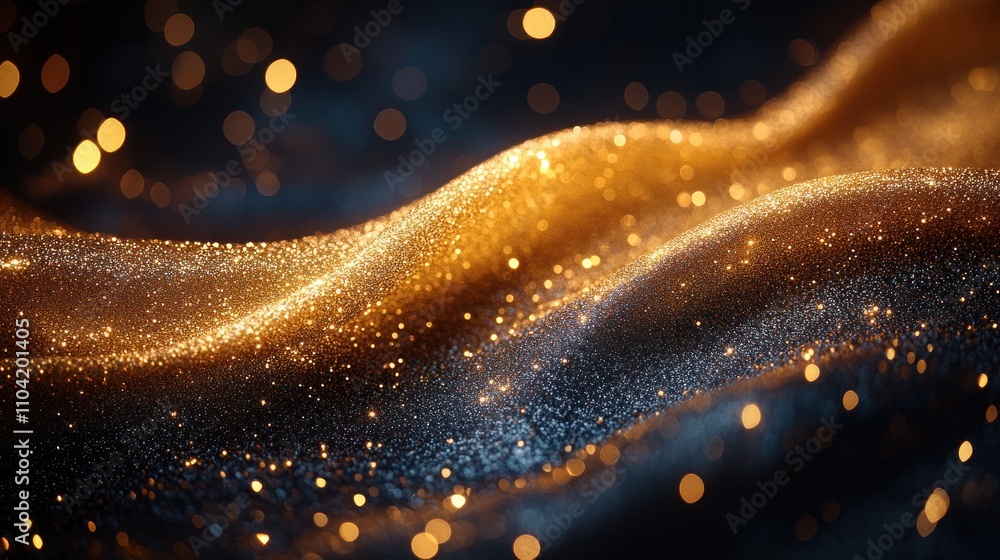Poster a shimmering wave of golden and blue particles creating a mesmerizing abstract effect.