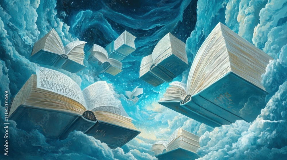 Poster a surreal scene of floating books amidst clouds, symbolizing imagination and knowledge.