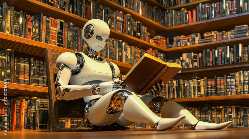 Poster robot reading a book in a library with extensive bookshelves
