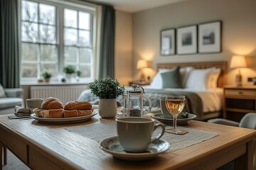 Fototapeta premium A table with a plate of pastries and a cup of tea