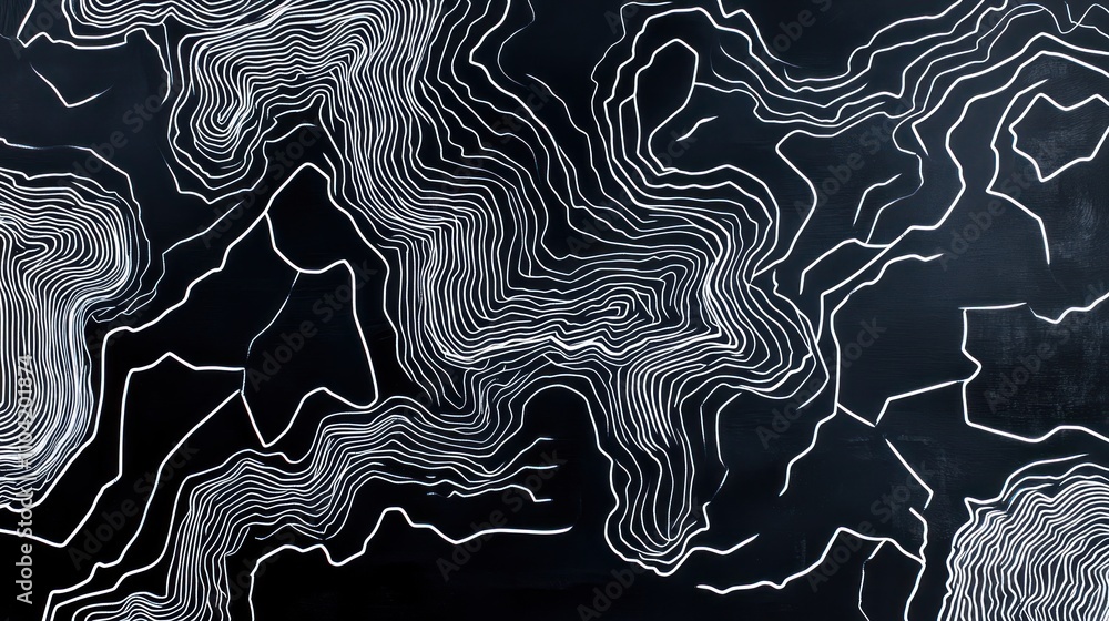 Poster abstract lines create a topographic map effect on a dark background.