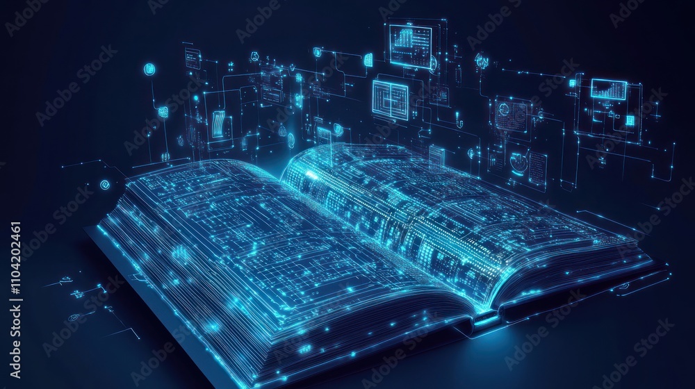 Poster a digital book surrounded by glowing data elements, symbolizing knowledge and technology.