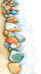 A watercolor illustration of colorful pebbles along a gentle wave.