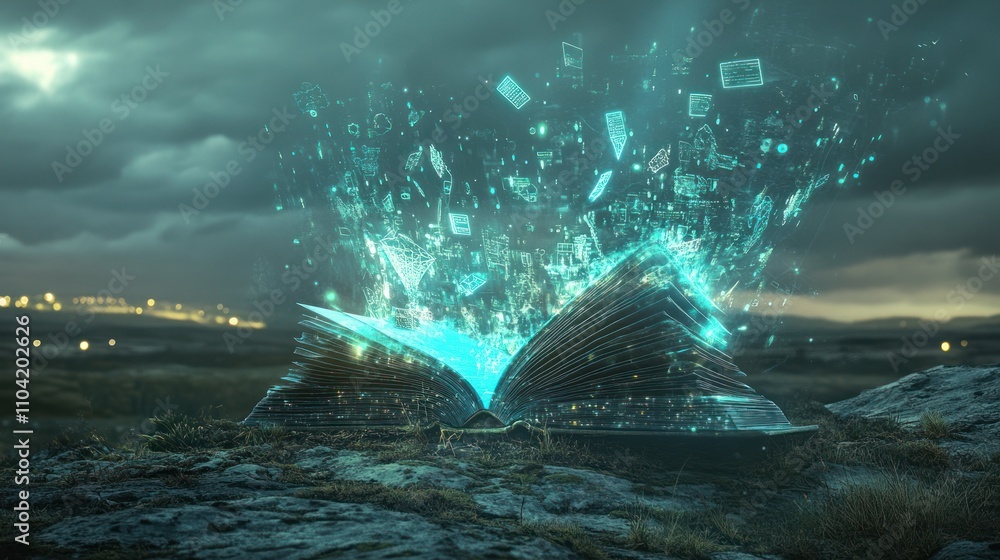 Aufkleber an open book emits glowing data and images into the air, symbolizing knowledge and creativity.