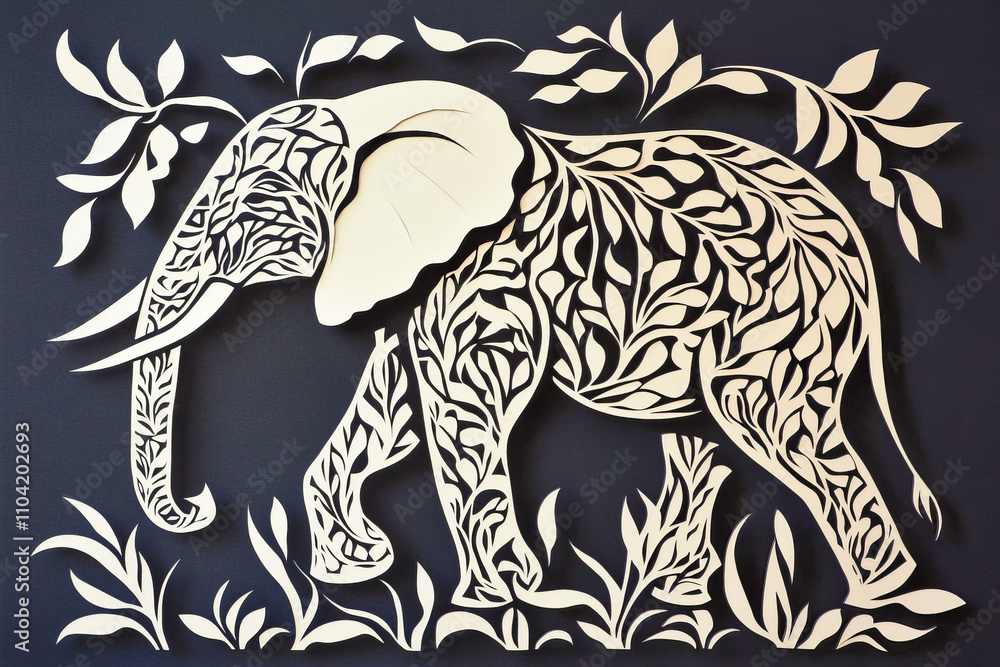 Poster intricate elephant paper art with leaf patterns on dark background
