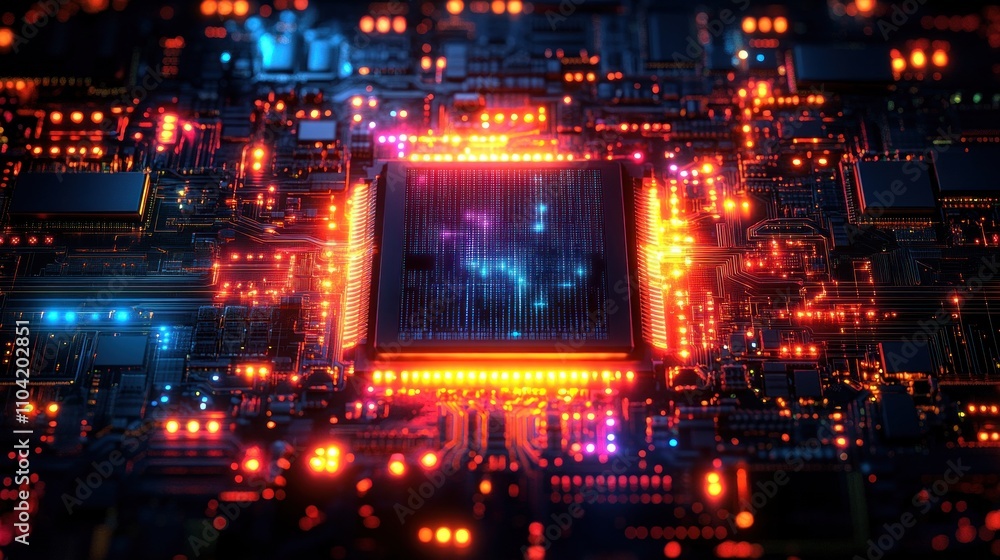 Poster a vibrant, abstract depiction of a computer circuit board with glowing elements.