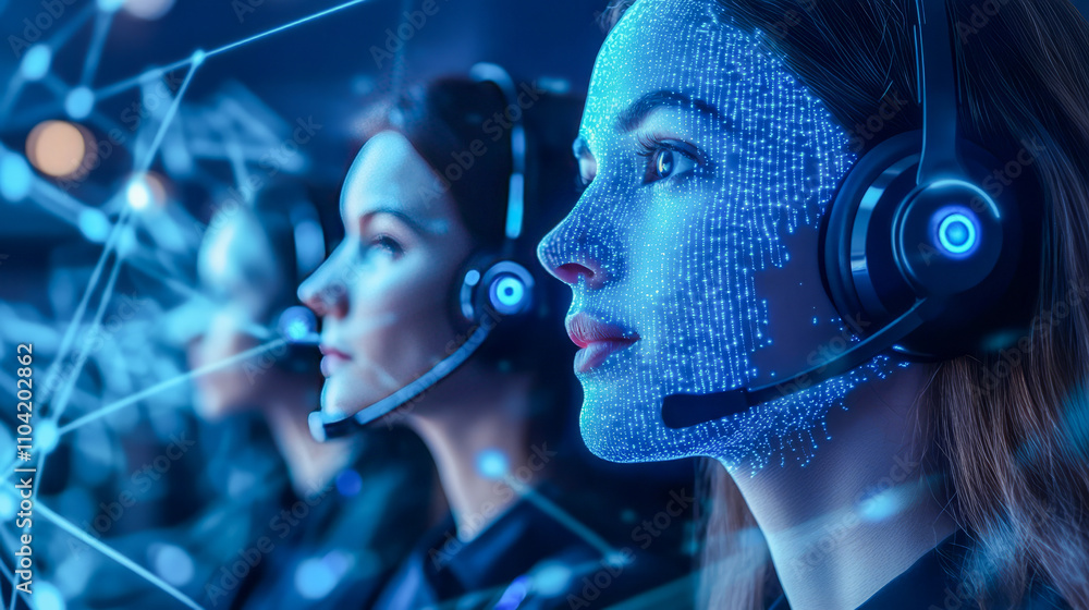 Poster Futuristic female call center agents with virtual interface and ai integration