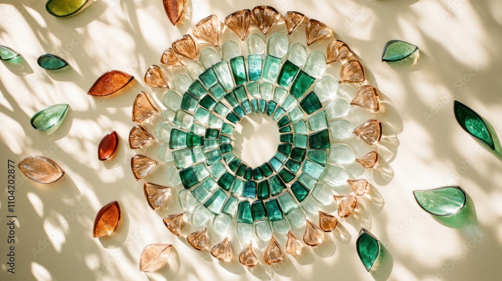 Poster a circular arrangement of glass pieces in various colors creating a decorative pattern.