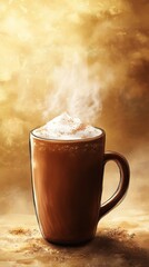 A steaming cup of coffee with frothy cream, set against a warm, atmospheric background.