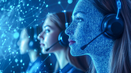 Young caucasian female call center agents with futuristic digital overlay