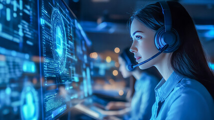 Asian female adult using futuristic technology in a call center