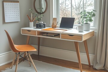 A desk with a laptop, a chair, and a potted plant
