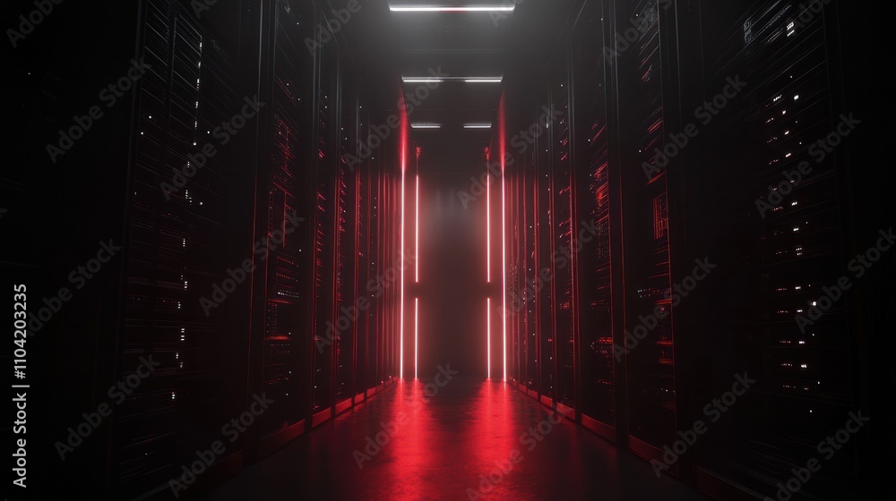 Poster server racks glowing in a dimly lit data center with high-tech effects.