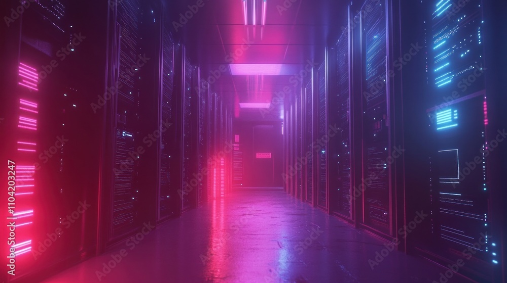Poster server racks glowing in a dimly lit data center with high-tech effects.