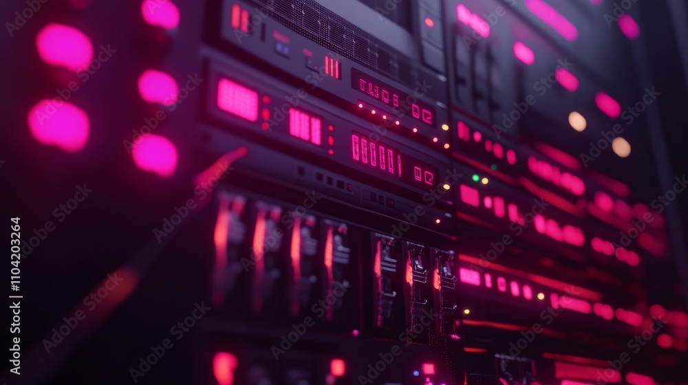 Poster server racks glowing in a dimly lit data center with high-tech effects.