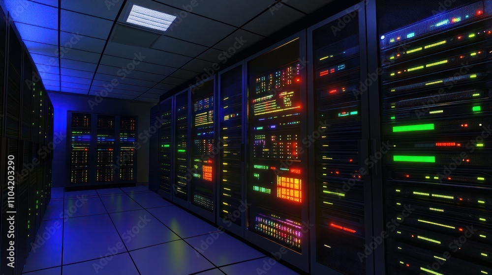 Poster server racks glowing in a dimly lit data center with high-tech effects.