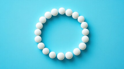 White pills arranged in a circle on a light blue background.