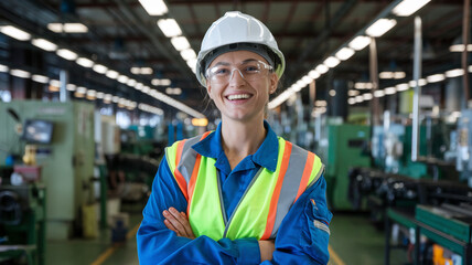 Smiling Female Engineer in Industrial Factory Setting