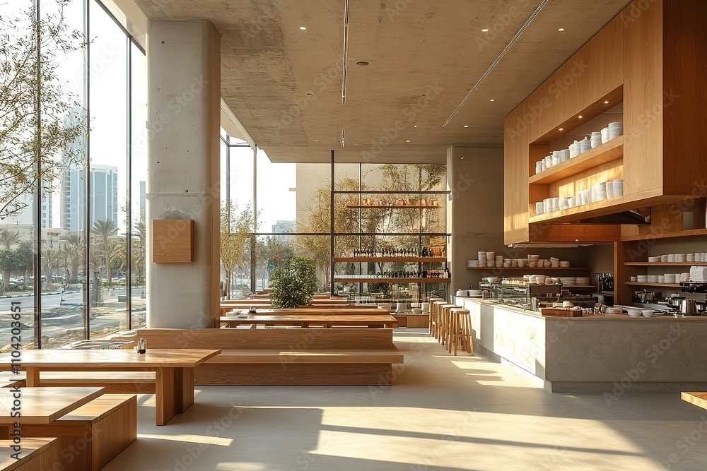 Poster a large open space with a lot of seating and a counter with a lot of plates