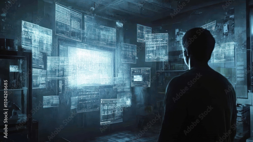 Poster a figure stands in a dim room, surrounded by floating digital data displays.