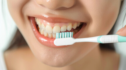 Fototapeta premium Close-Up of Smiling Woman Brushing Teeth with Toothbrush for Dental Hygiene and Oral Care Concept