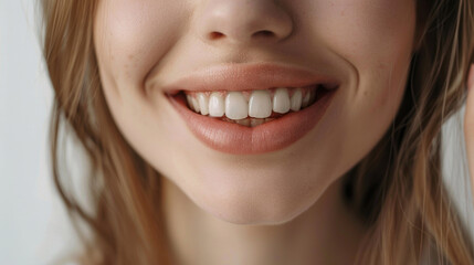 Obraz premium Close-Up of a Smiling Woman with Natural Makeup and Healthy Teeth Showcasing Joy and Positivity in a Bright, Cheerful Setting