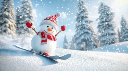 Fototapeta premium A Cheerful Snowman Skiing Down a Snowy Slope