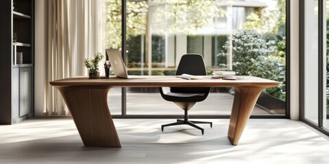 Modern wooden desk with a black office chair in a bright home office.