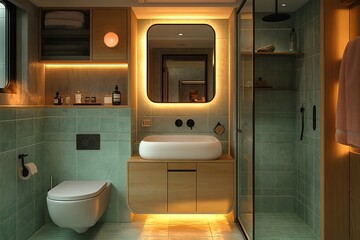 A bathroom with a white toilet, sink, and mirror