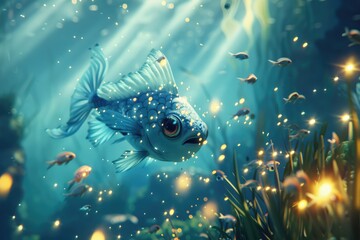 A vibrant underwater scene featuring a colorful fish amidst shimmering light and smaller fish.