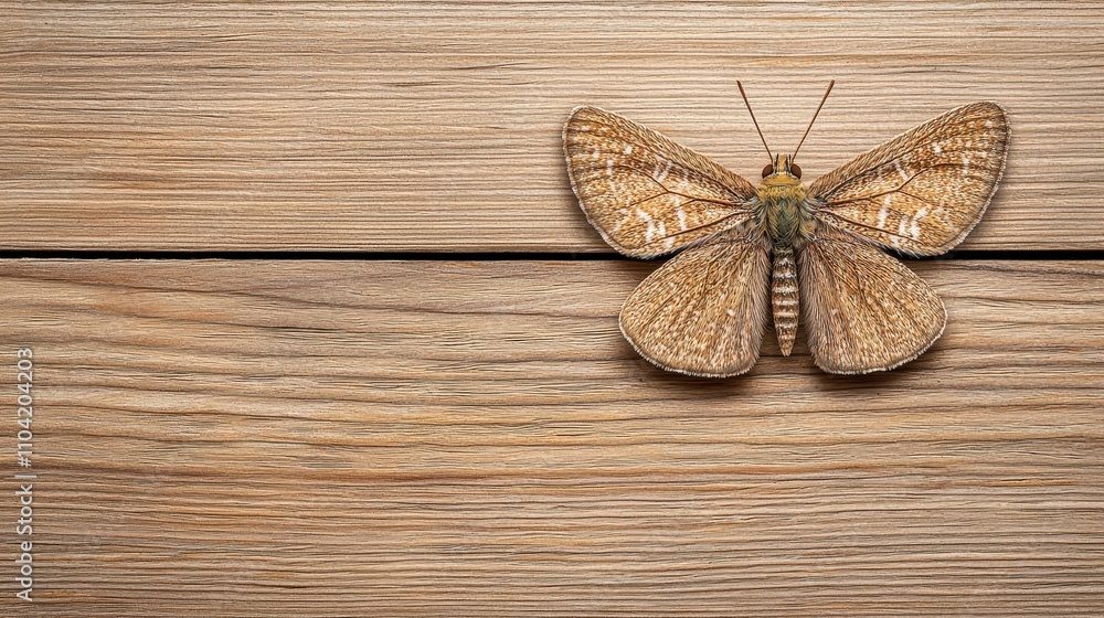 Poster a close-up view of a beautiful moth resting on a wooden surface. the intricate patterns and colors o