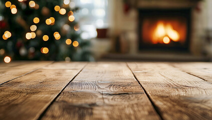 Cozy holiday scene with fireplace and christmas tree lights