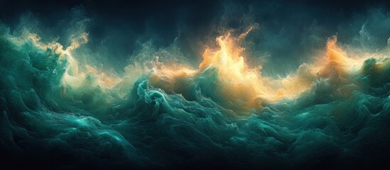 A dramatic depiction of swirling ocean waves illuminated by warm light against a dark backdrop.