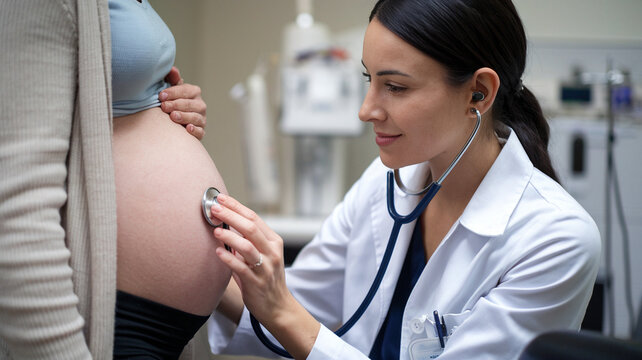 Doctor Examines Pregnant Woman with Stethoscope