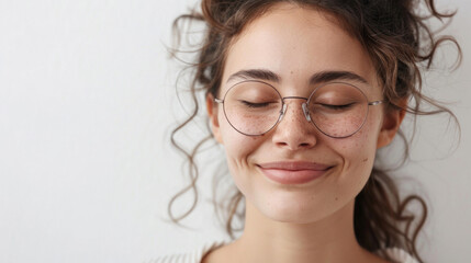 Obraz premium Portrait of a Young Woman with Glasses and Curly Hair Smiling Peacefully Against a White Background