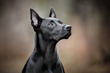 Black dog looking thoughtfully with a soft background in an outdoor setting