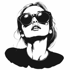 Stylish Girl with Sunglasses in Elegant Black and White Vector Illustration