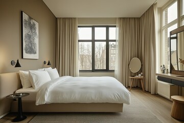 A serene, minimalist bedroom bathed in soft, neutral tones, featuring a plush bed, contemporary lighting, and a tranquil view.