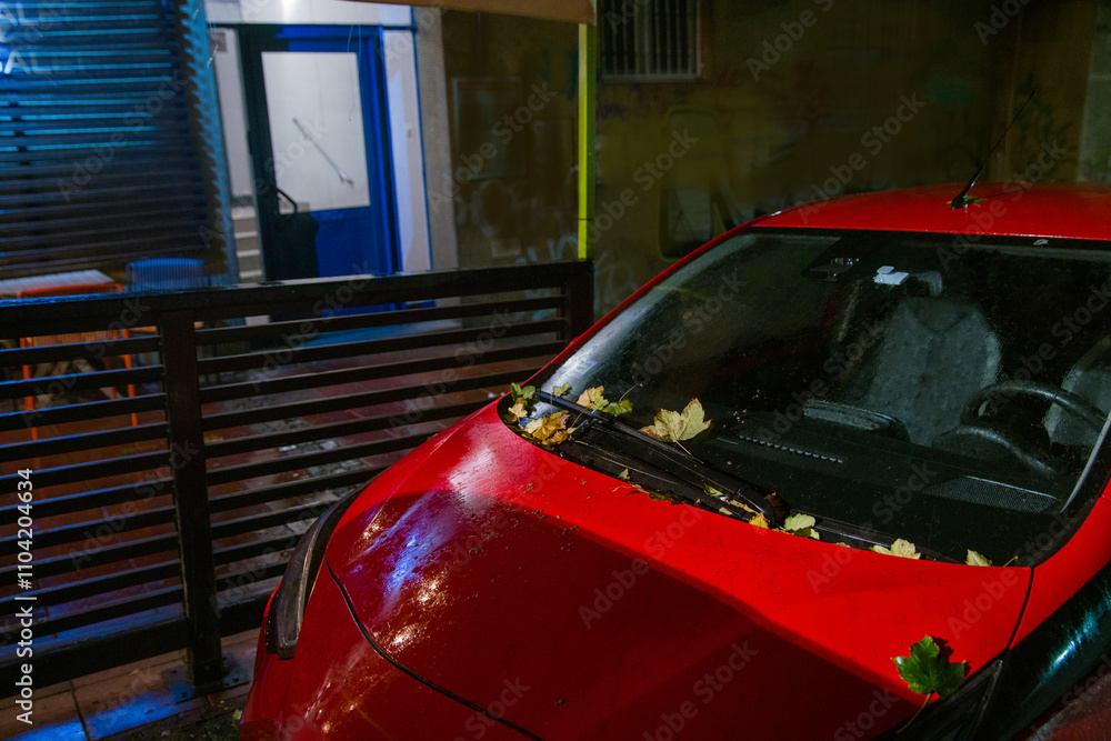 Wall mural Autumn coming to Cologne   - yellow leaves on red car