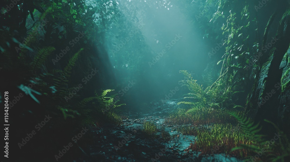 Poster a serene forest path illuminated by soft light, surrounded by lush greenery and ferns.