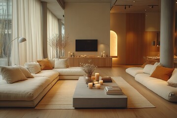 A living room with a white couch, a coffee table, and a TV