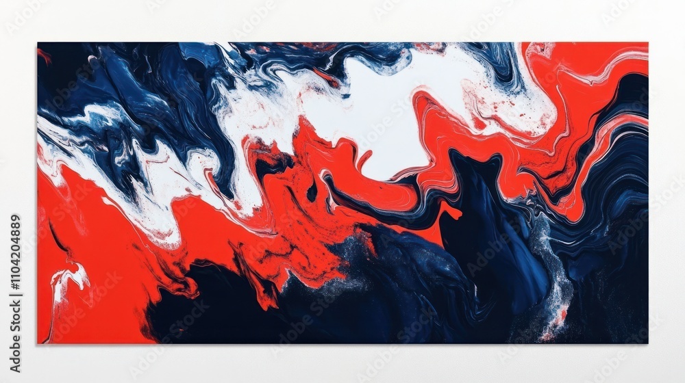 Poster abstract swirling patterns in red, navy, and white create a dynamic visual experience.