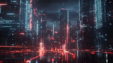 Futuristic city skyline illuminated by neon lights during a night scene