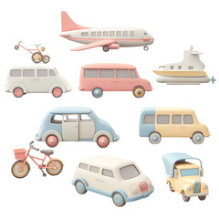 Naklejka premium Set of six unique transportation icons in a cartoon style, showcasing a car, bicycle, bus, train, airplane, and boat