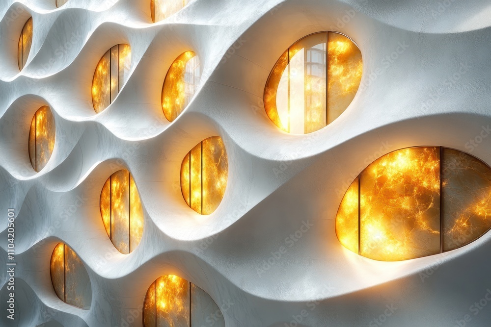 Aufkleber a modern architectural facade featuring wavy patterns and circular windows with warm lighting.