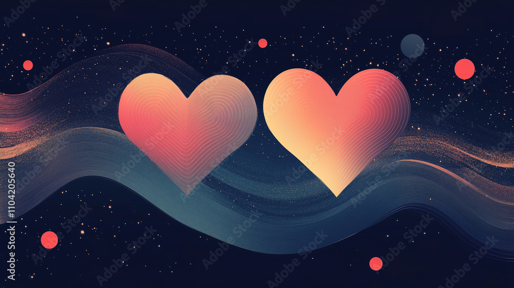 Poster colorful hearts interconnected in a cosmic background with wavy patterns and stars shining brightly 
