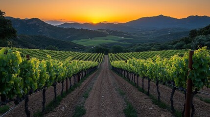 Fototapeta premium Vineyard sunset landscape. Rows of grapevines lead to a stunning sunset over rolling hills.
